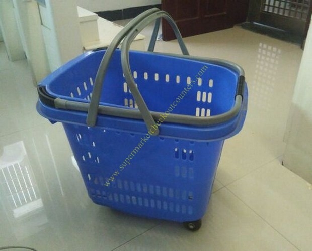 50L Supermarket Plastic Shopping Basket With Wheels , Long Bar Retractable Handle
